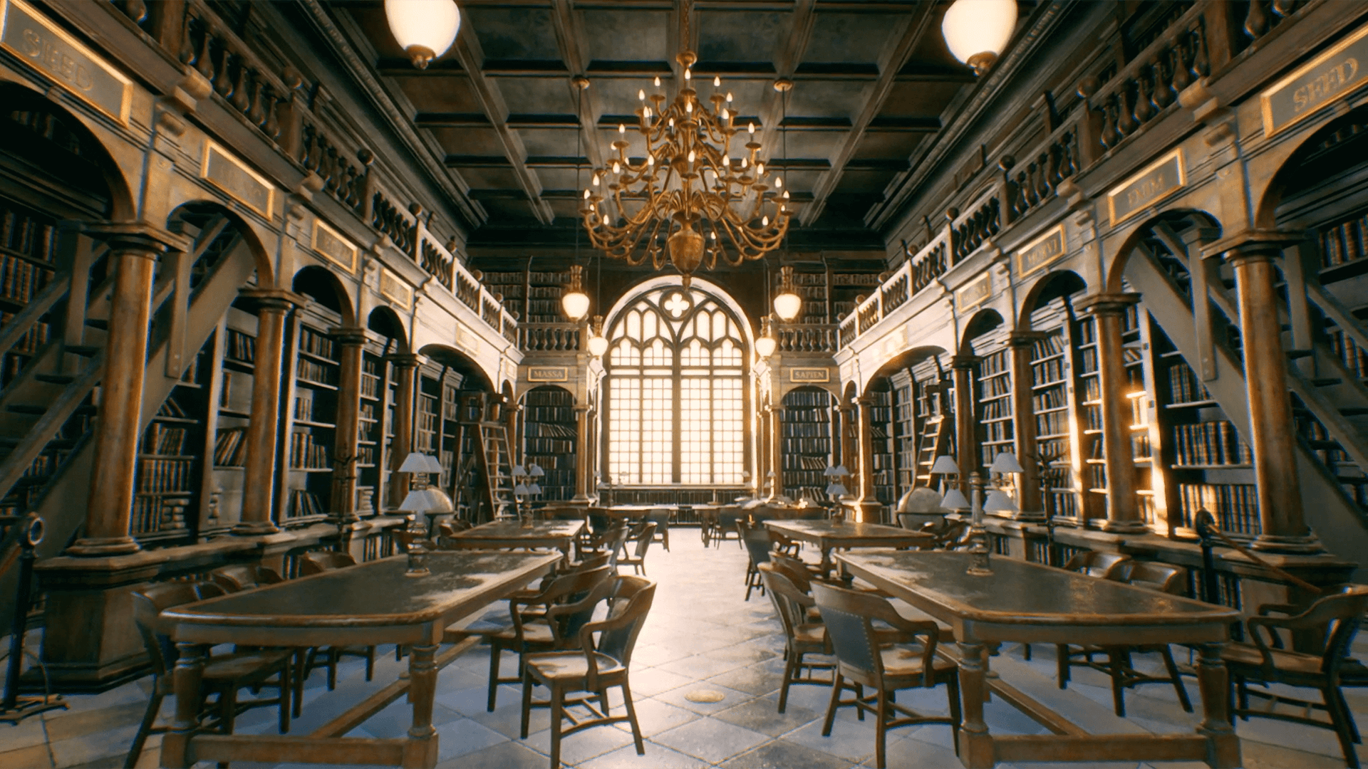 An old library room filled with wooden tables
