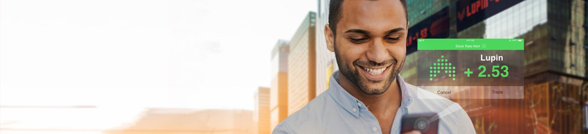 Man is smiling looking at the mobile