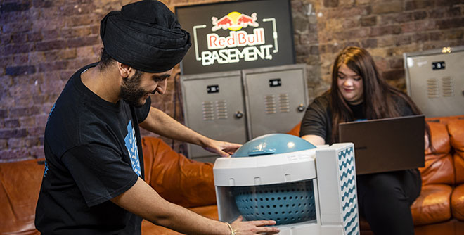 A team showcasing their Red Bull Basement project