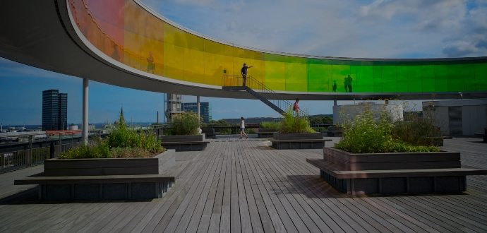 Colourful mural at the top of a building