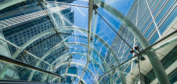 View of a city through a glass roof